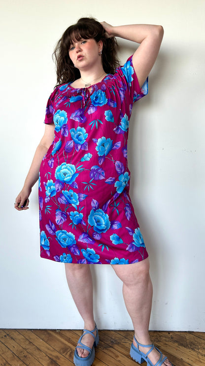 1980s fuchsia + blue floral house dress, sz. 1X