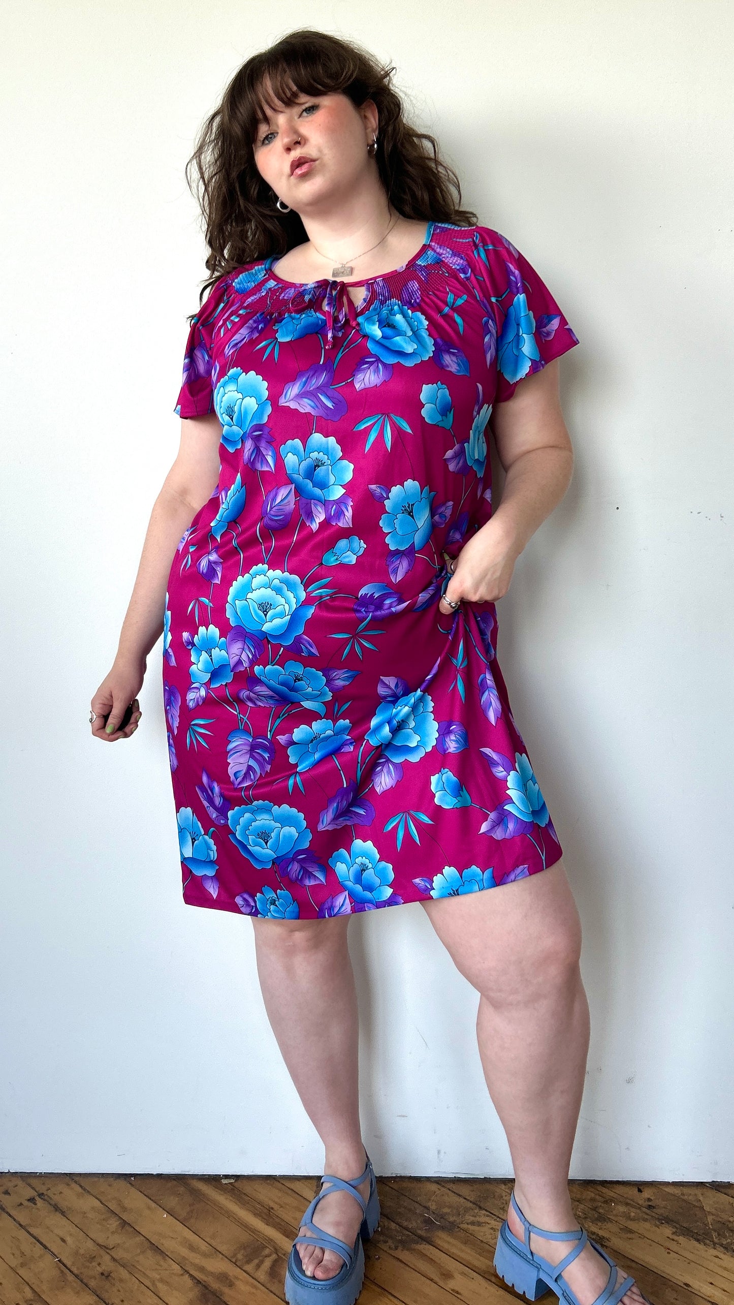 1980s fuchsia + blue floral house dress, sz. 1X