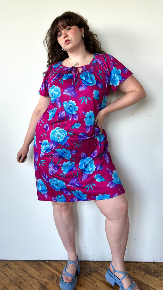 1980s fuchsia + blue floral house dress, sz. 1X