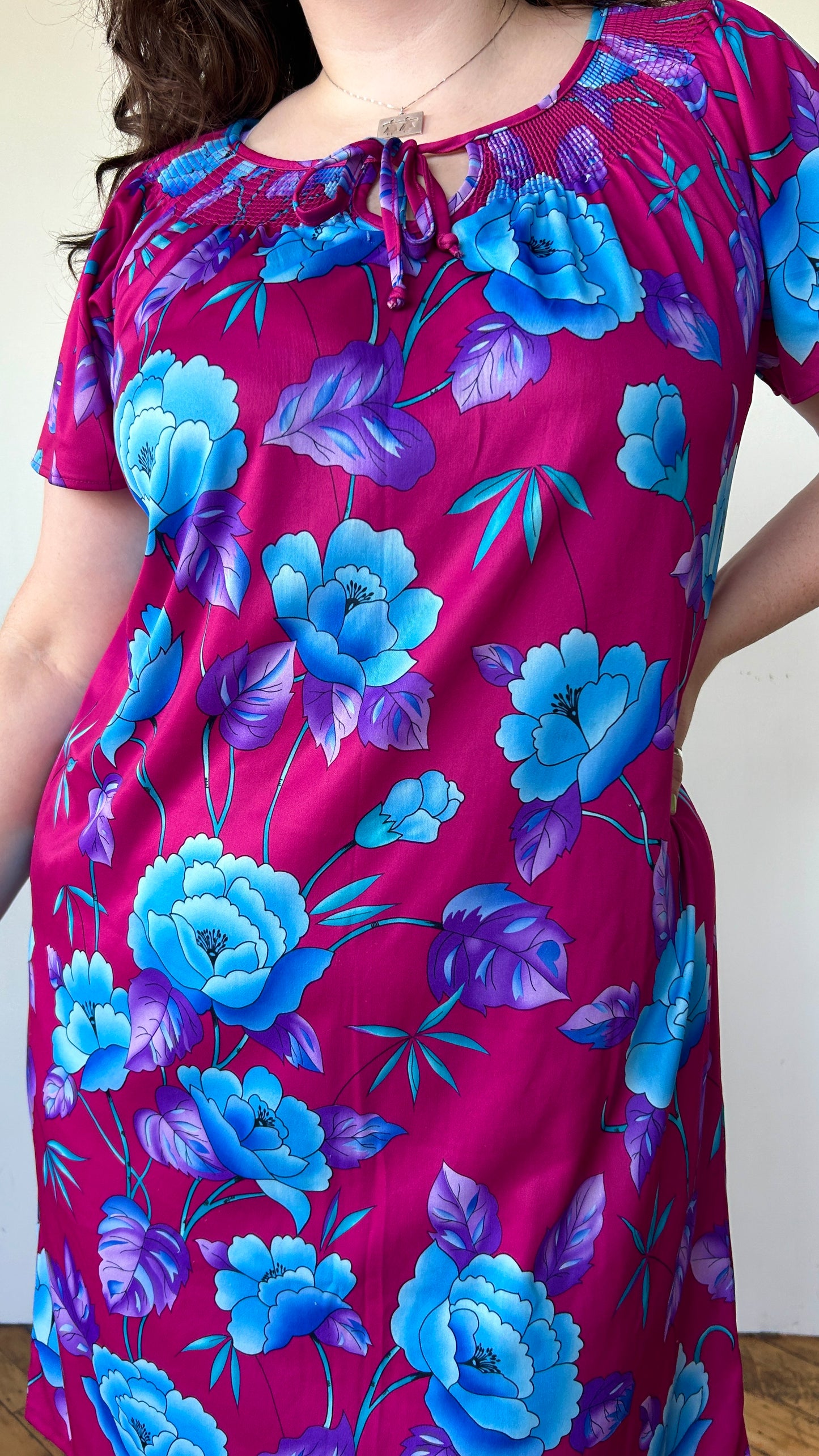 1980s fuchsia + blue floral house dress, sz. 1X