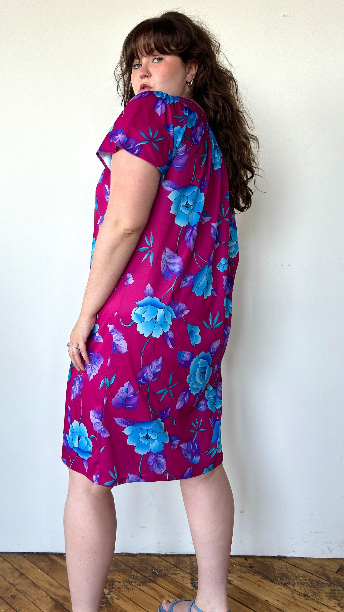 1980s fuchsia + blue floral house dress, sz. 1X