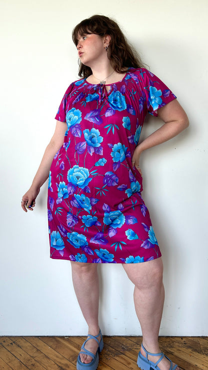 1980s fuchsia + blue floral house dress, sz. 1X