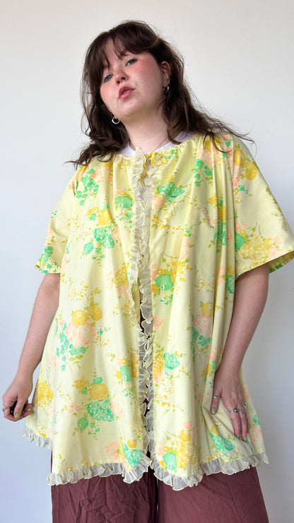 1960s yellow floral + fan house dress, sz. 1X/2X