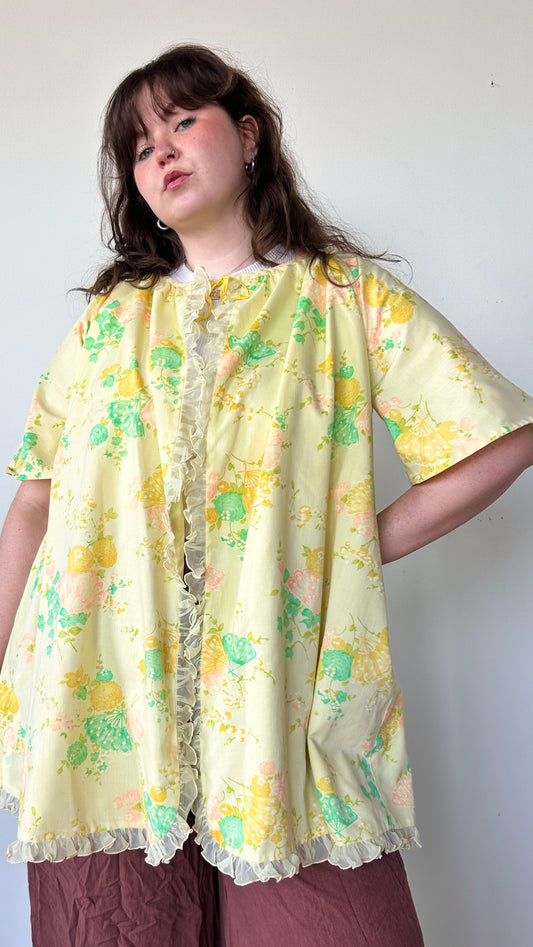 1960s yellow floral + fan house dress, sz. 1X/2X