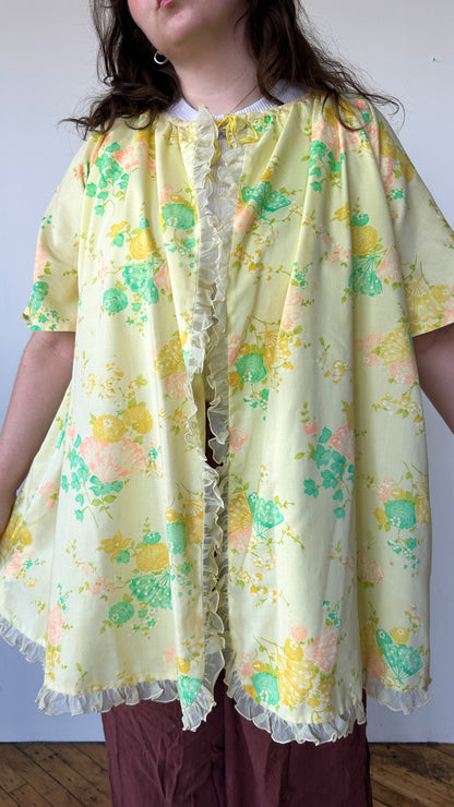 1960s yellow floral + fan house dress, sz. 1X/2X