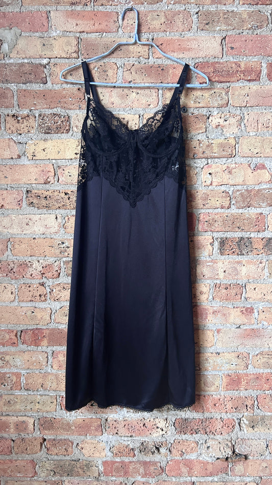 1990s black satin + lace lingerie dress, sz. small