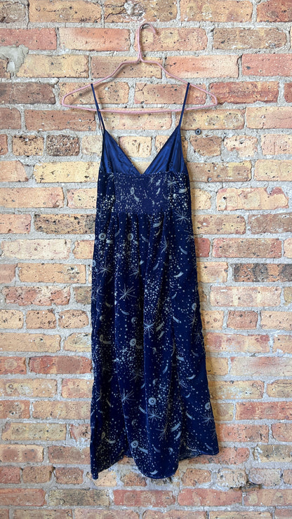 preloved navy velvet celestial maxi dress, sz. x-small