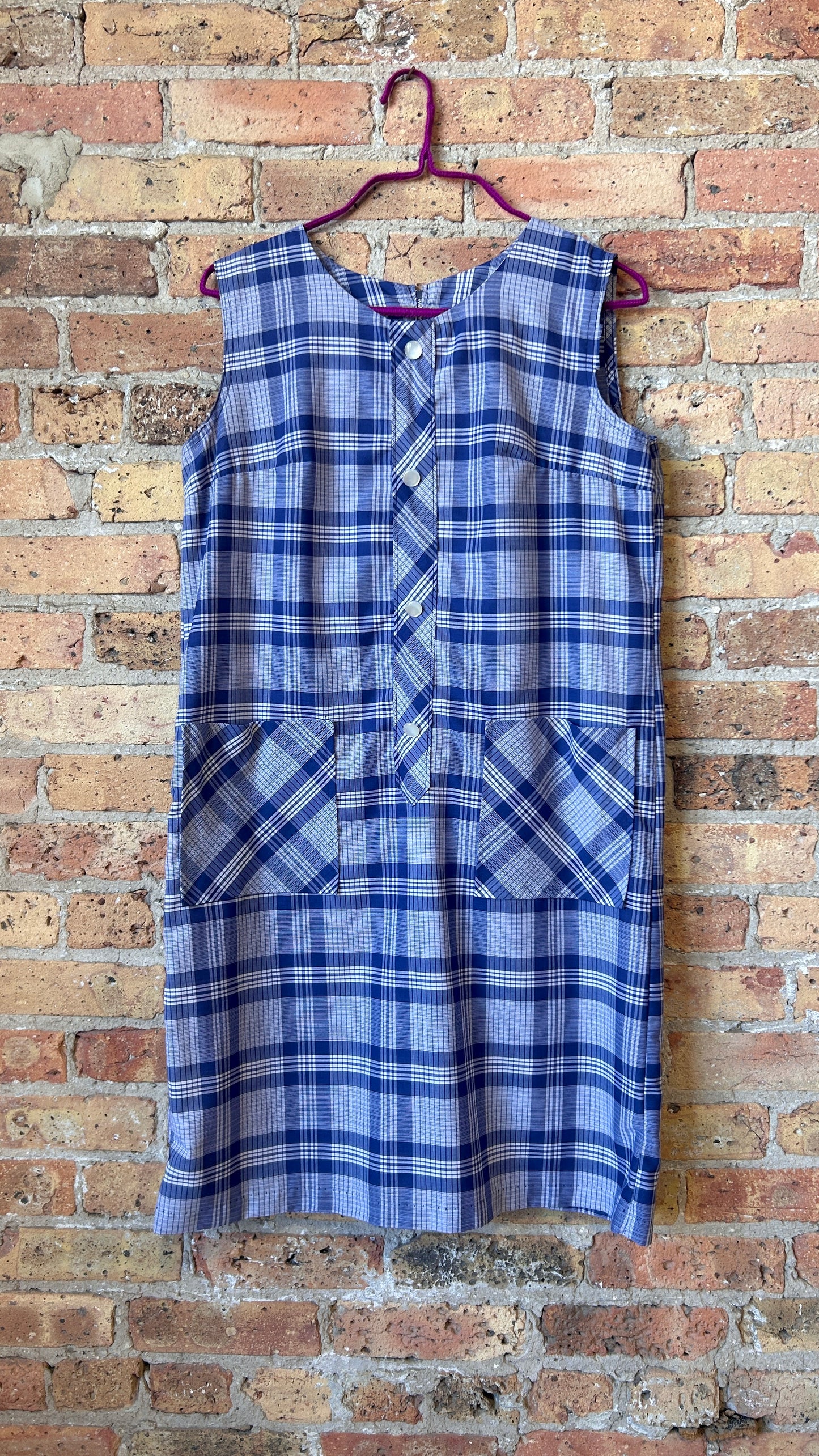 1960s blue plaid mini shift dress, sz. large