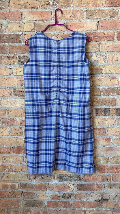 1960s blue plaid mini shift dress, sz. large