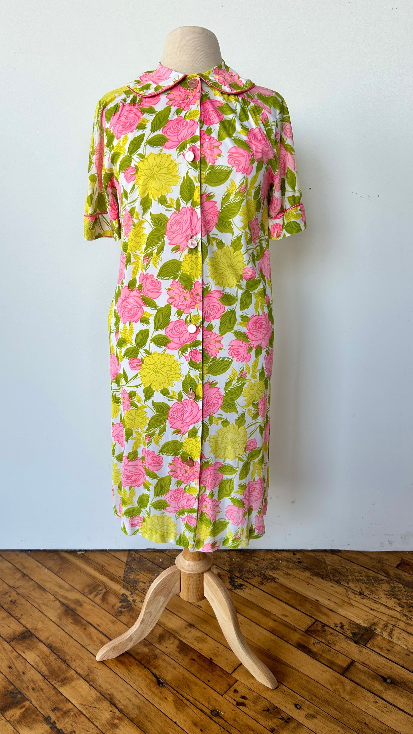 1960s pink, green, + yellow floral house dress, sz. medium