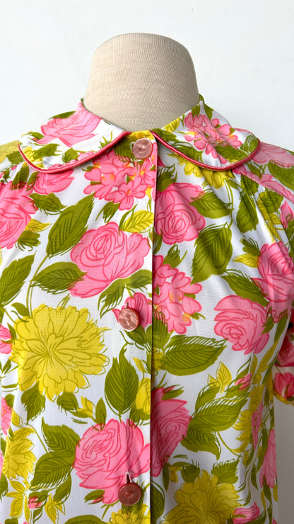 1960s pink, green, + yellow floral house dress, sz. medium