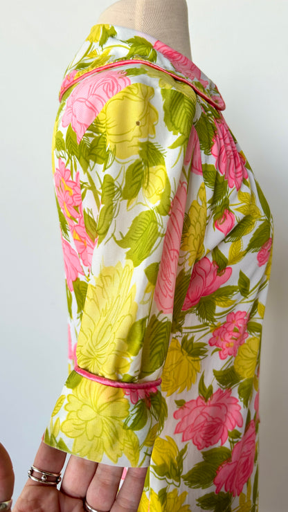 1960s pink, green, + yellow floral house dress, sz. medium