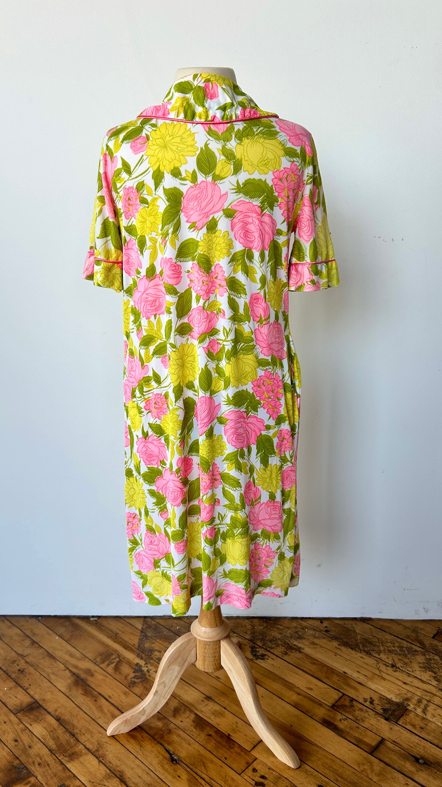 1960s pink, green, + yellow floral house dress, sz. medium