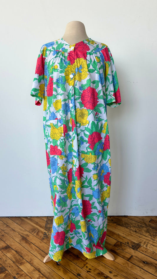 1960s colorful floral house dress, sz. medium