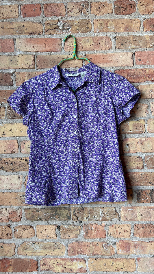 2000s purple ditsy floral top, sz. medium