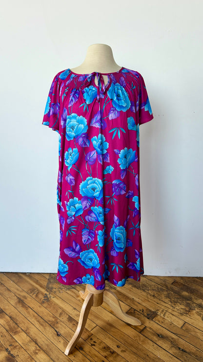 1980s fuchsia + blue floral house dress, sz. 1X