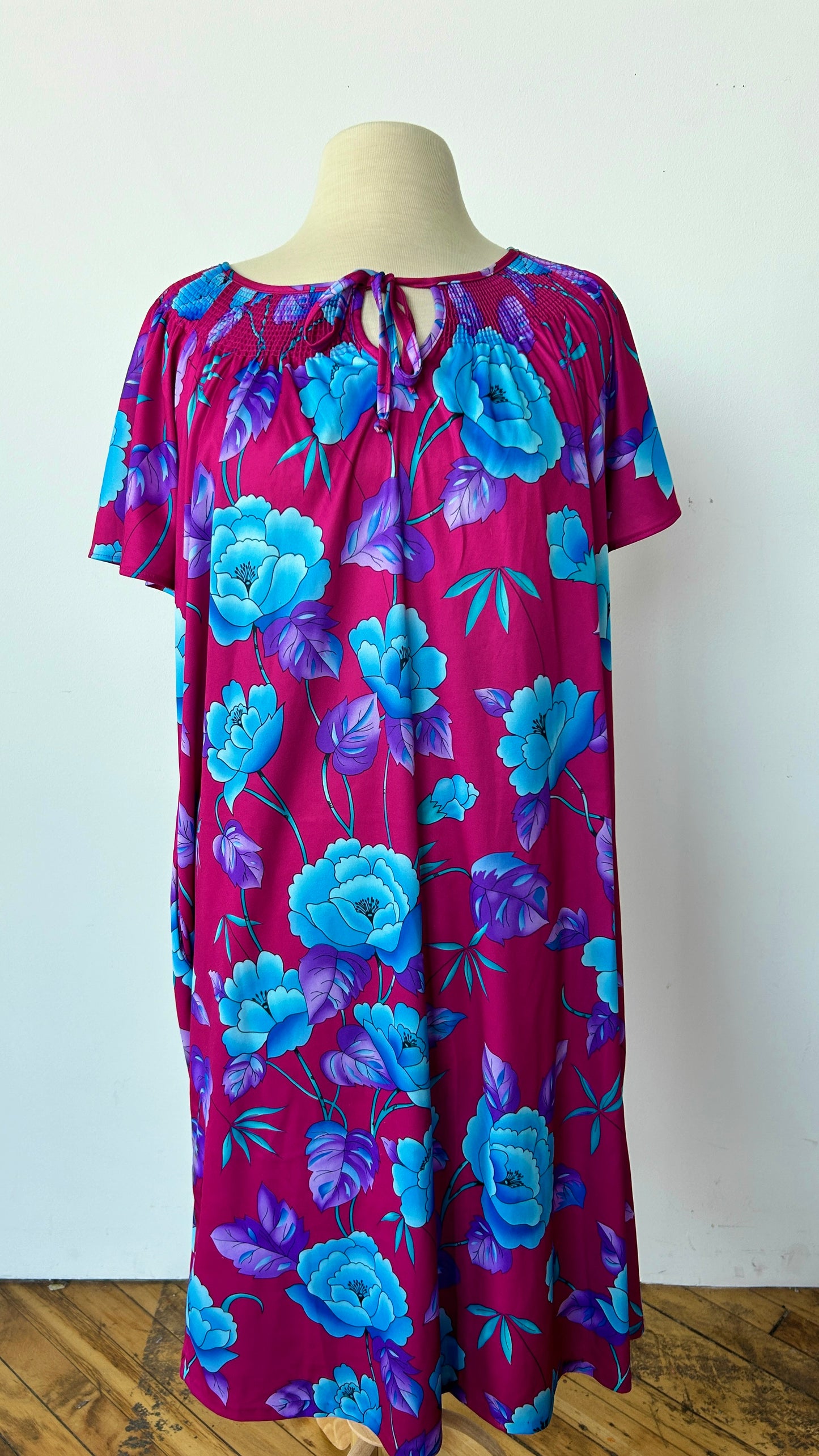 1980s fuchsia + blue floral house dress, sz. 1X