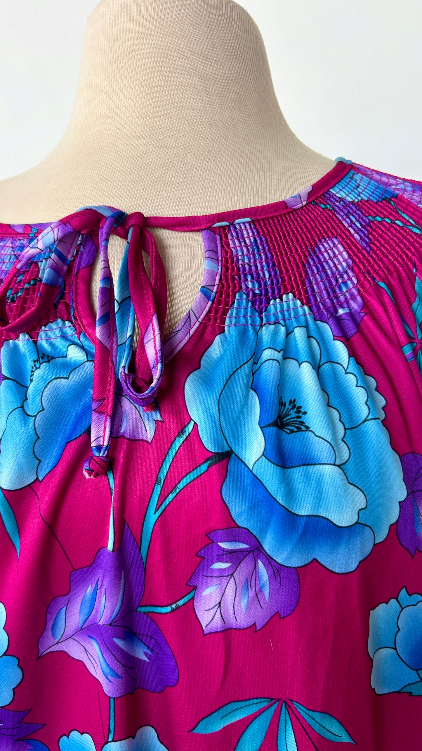 1980s fuchsia + blue floral house dress, sz. 1X