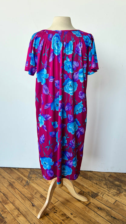 1980s fuchsia + blue floral house dress, sz. 1X