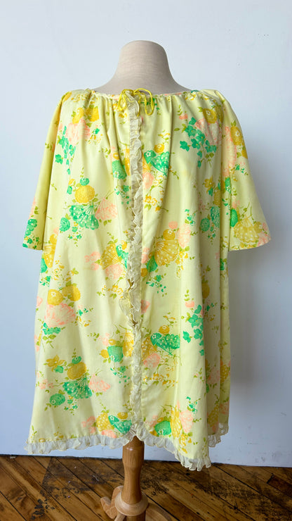 1960s yellow floral + fan house dress, sz. 1X/2X