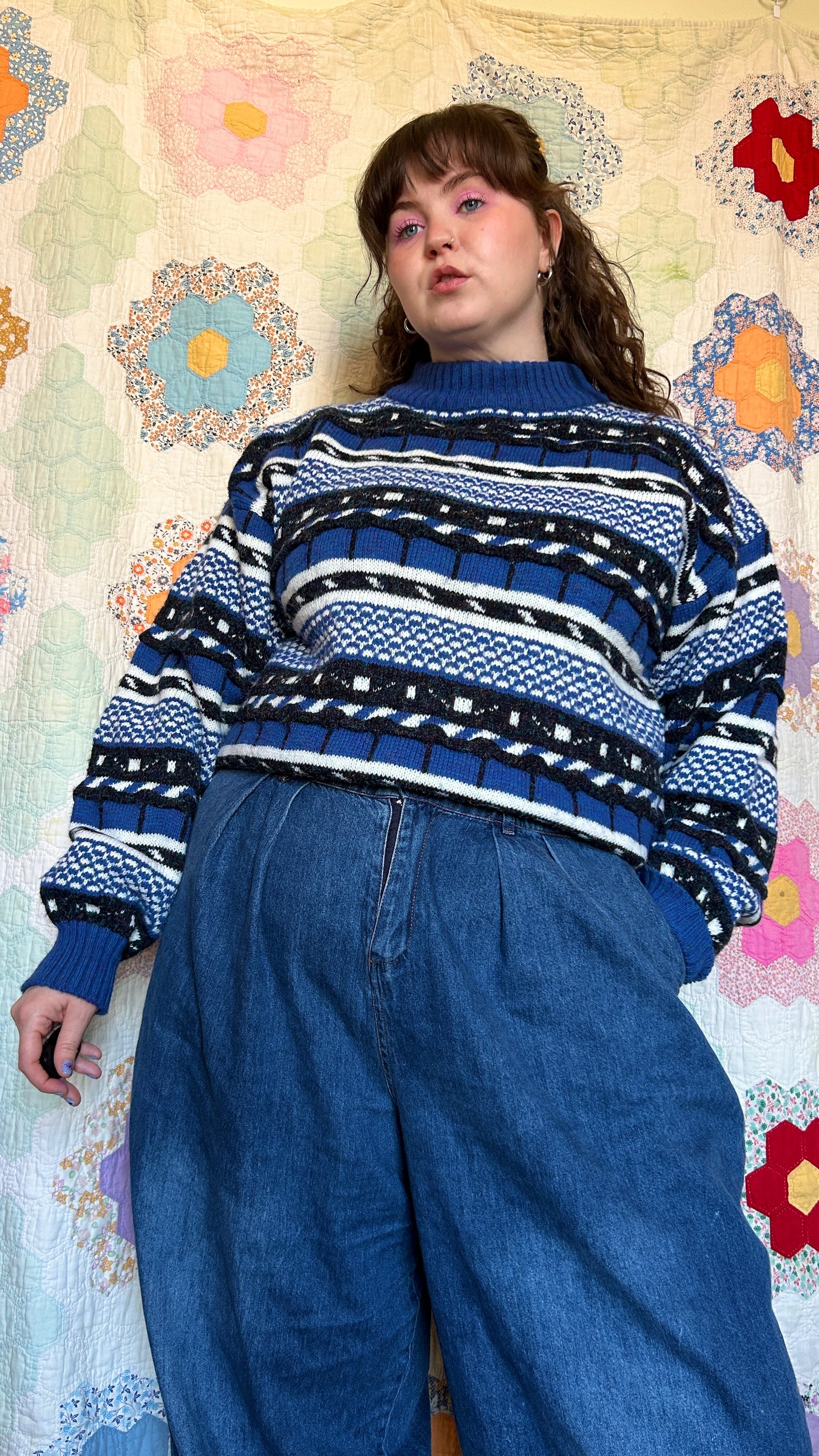 1990s blue + black patterned sweater, sz. 1X/2X