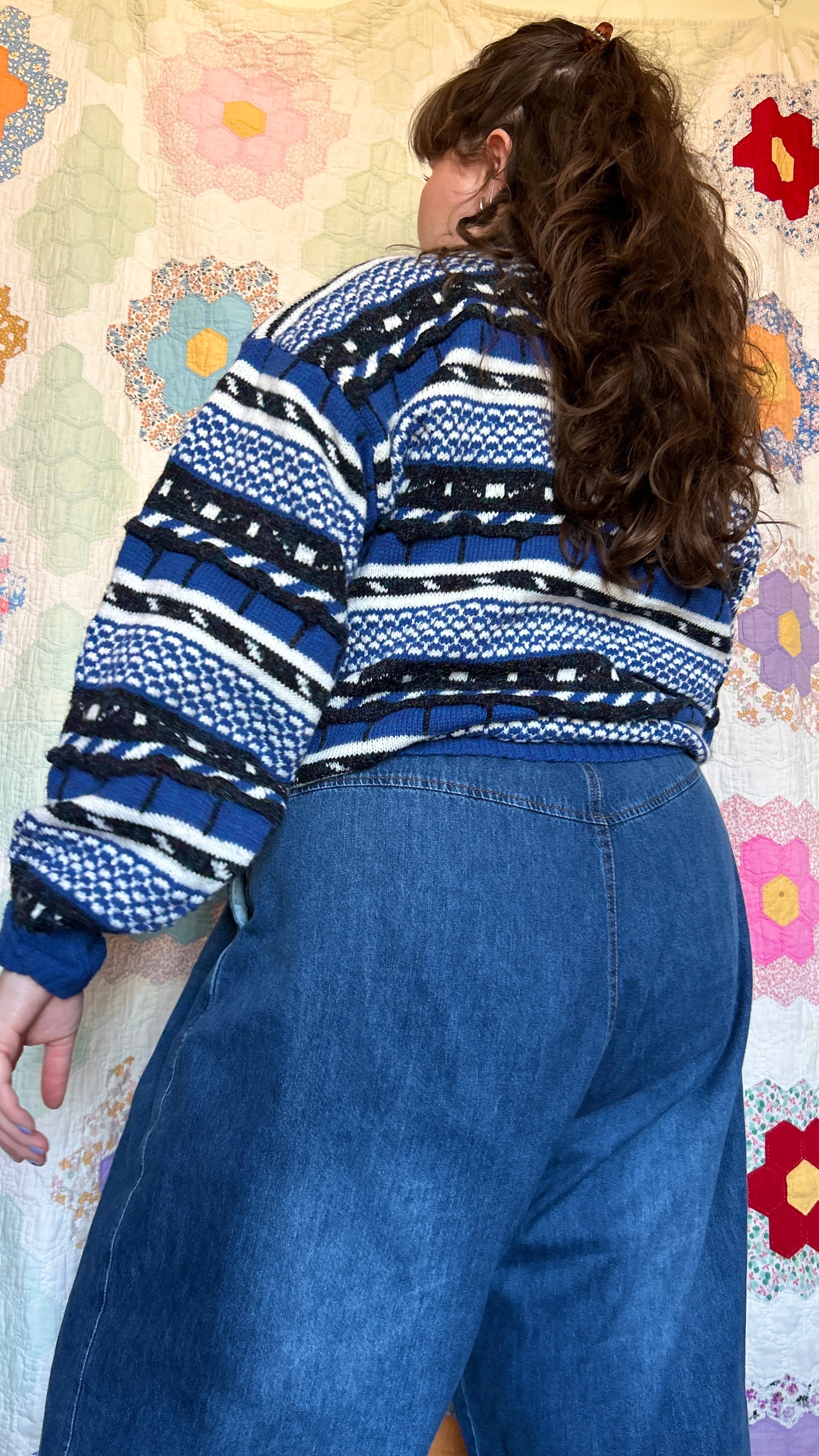 1990s blue + black patterned sweater, sz. 1X/2X