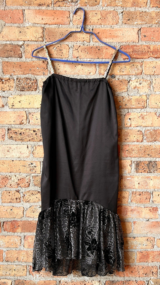 1970s black satin cocktail dress, sz. small