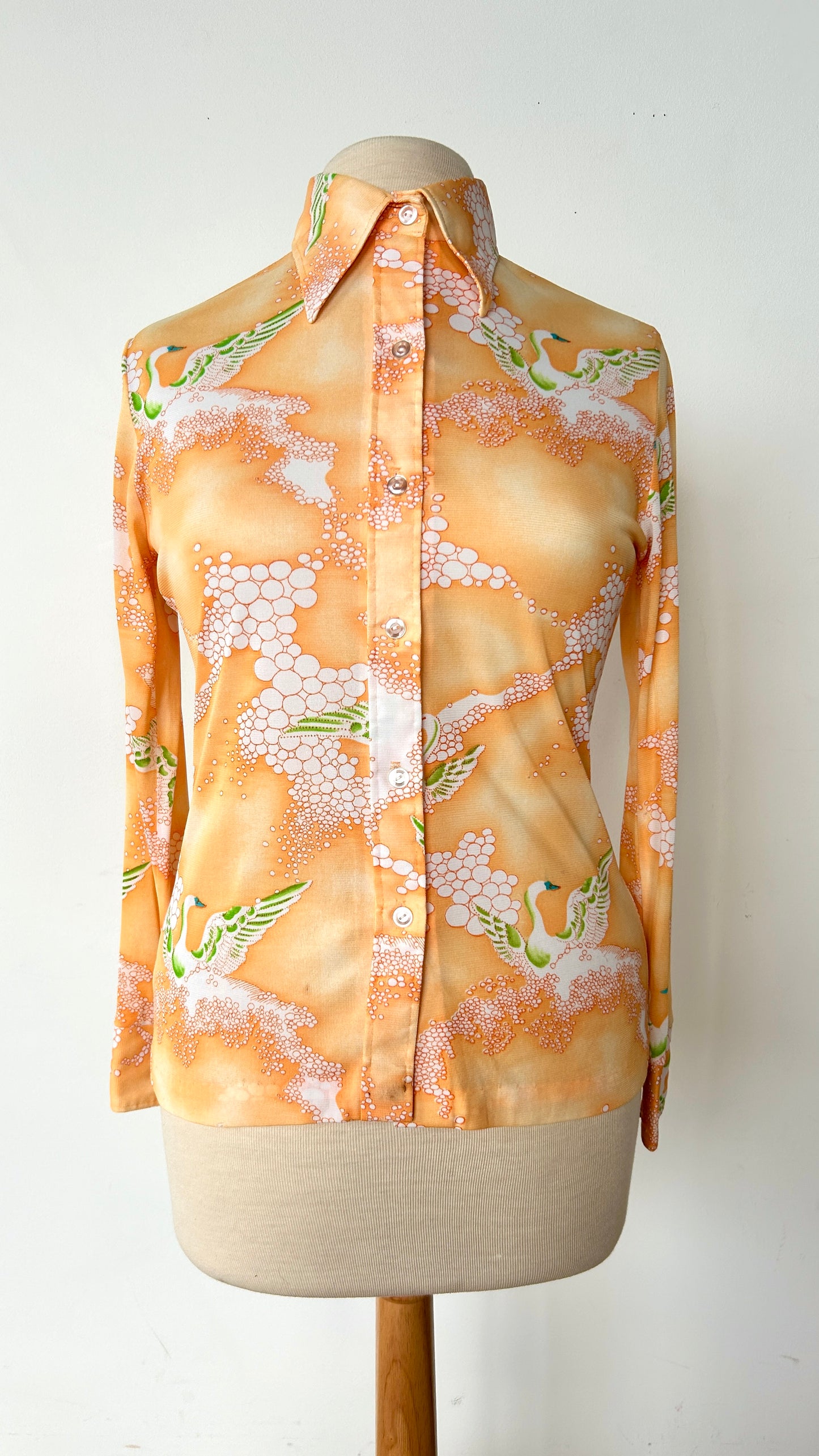 1970s orange splashing swan disco shirt, sz. medium