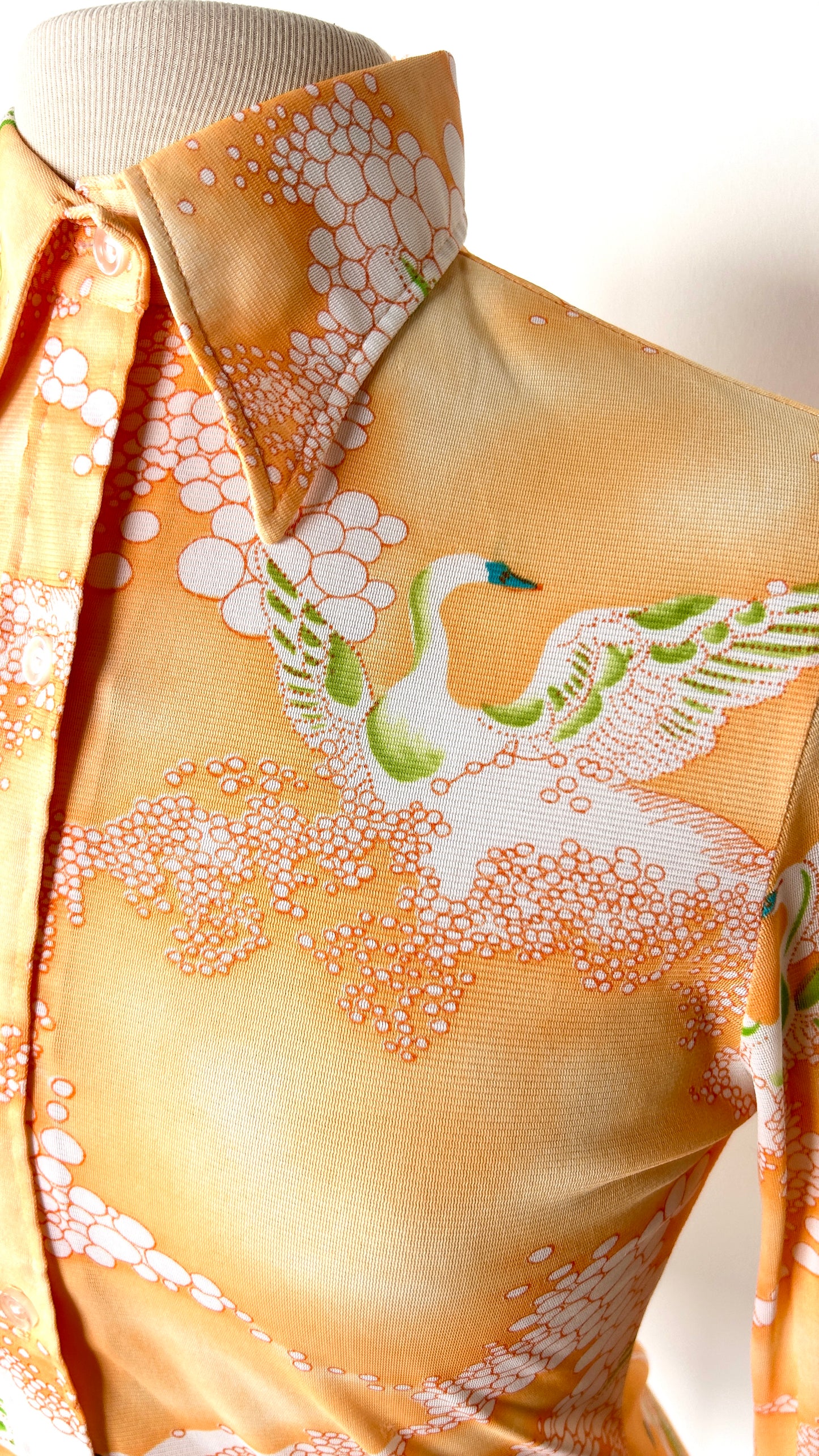 1970s orange splashing swan disco shirt, sz. medium