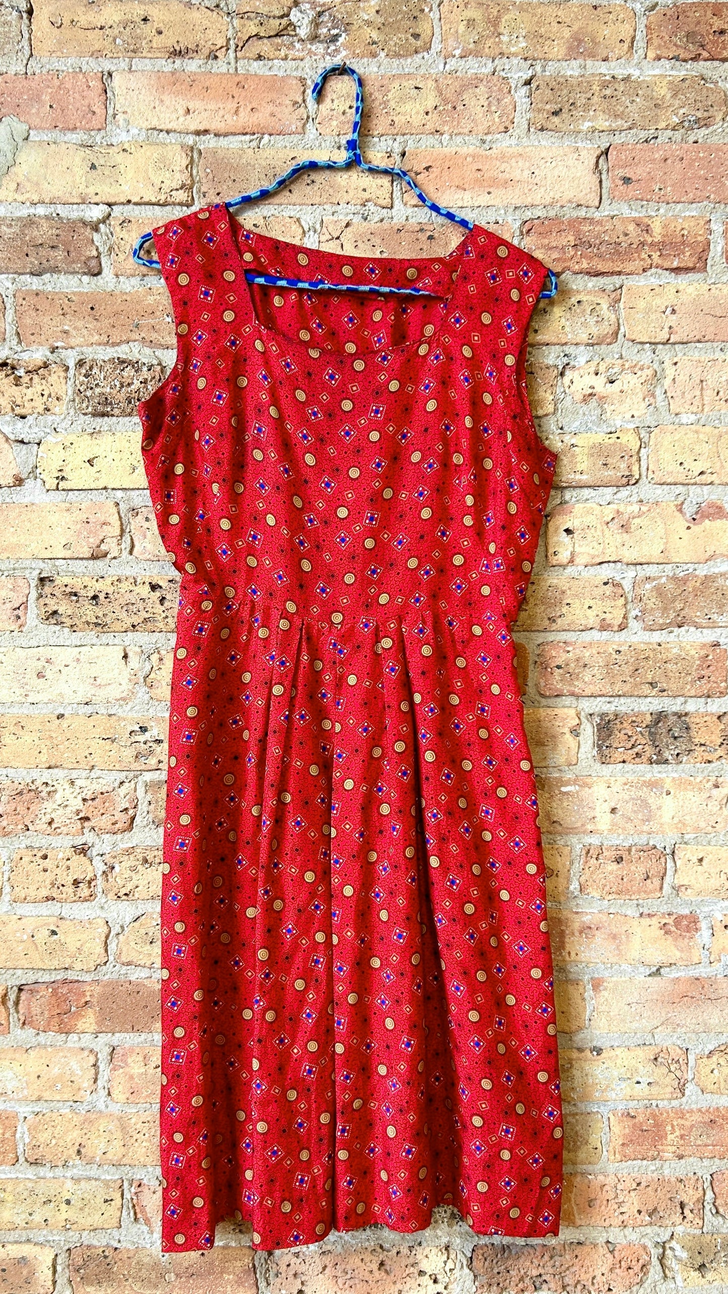 1950s red icon pattern midi dress, sz. medium