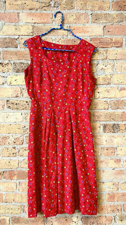 1950s red icon pattern midi dress, sz. medium