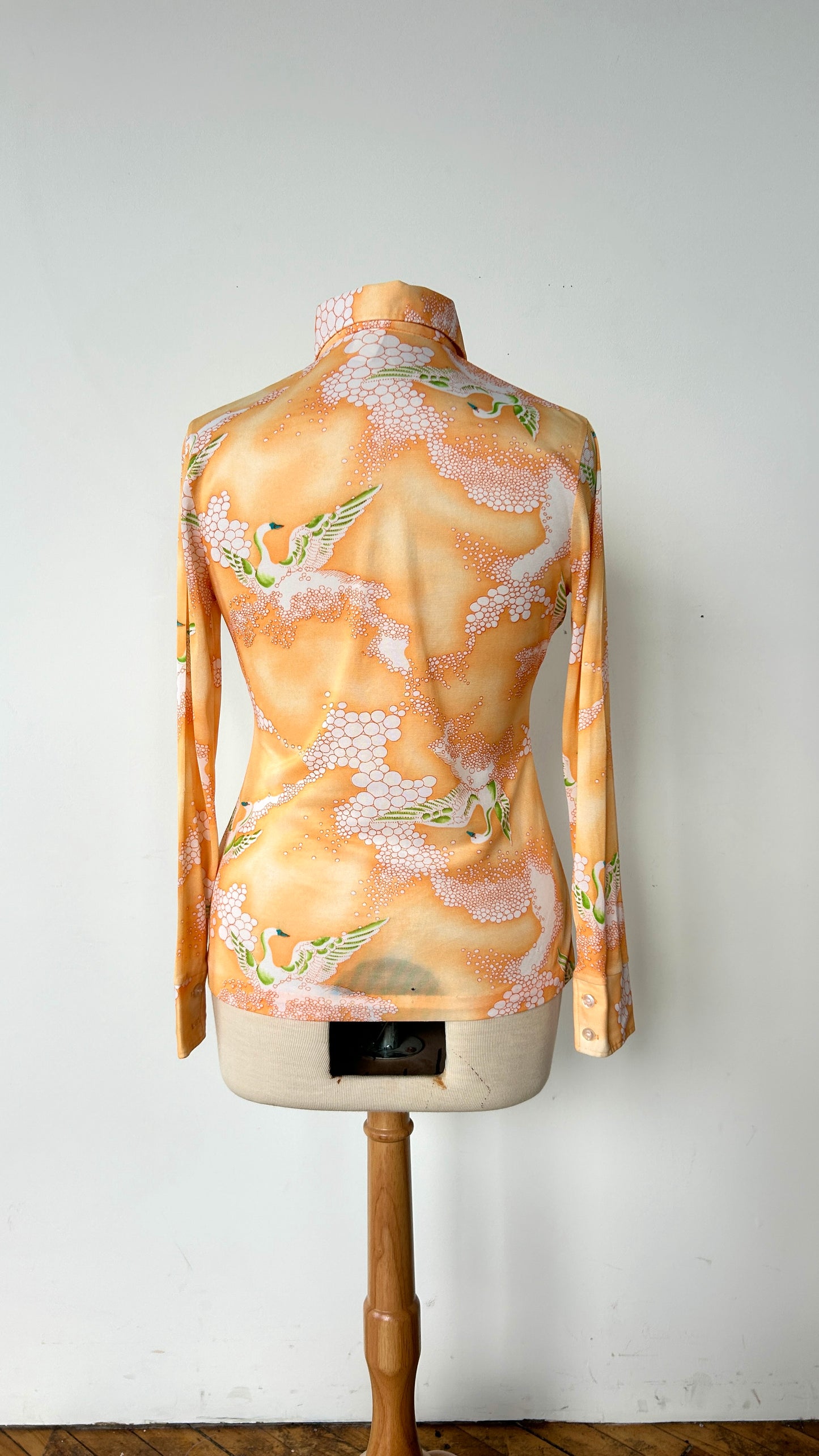 1970s orange splashing swan disco shirt, sz. medium