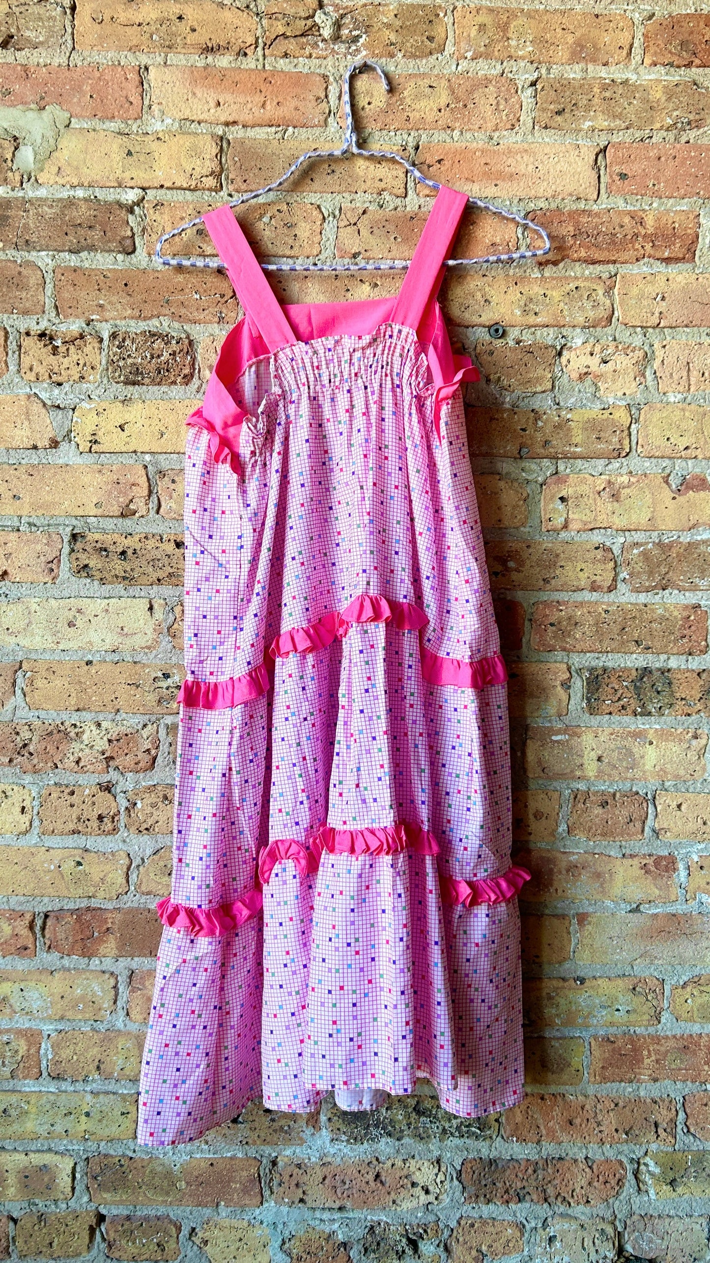 1960s pink grid pattern tiered dress, sz. medium/large