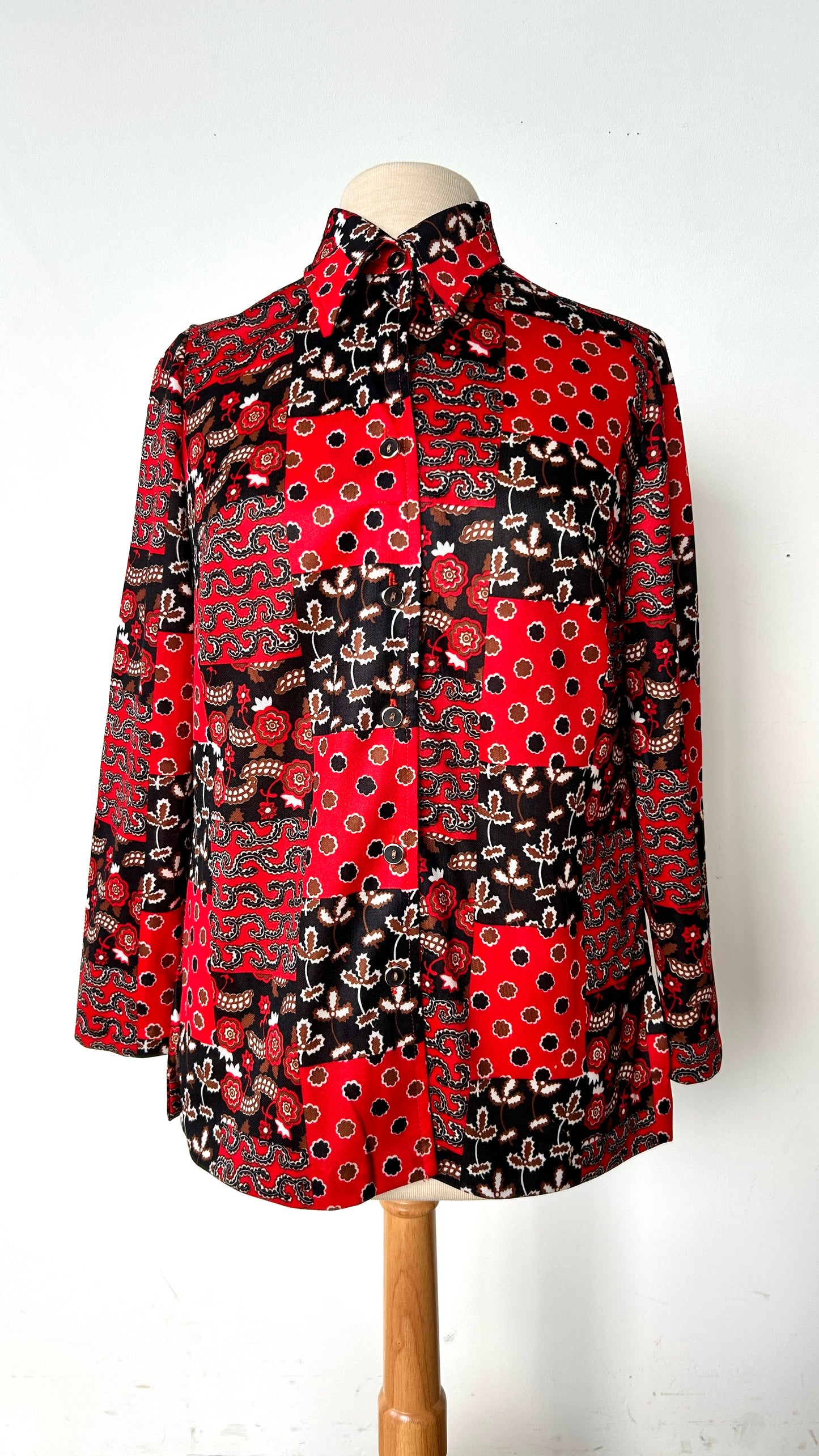 1970s red + black patchwork pattern disco shirt, sz. medium