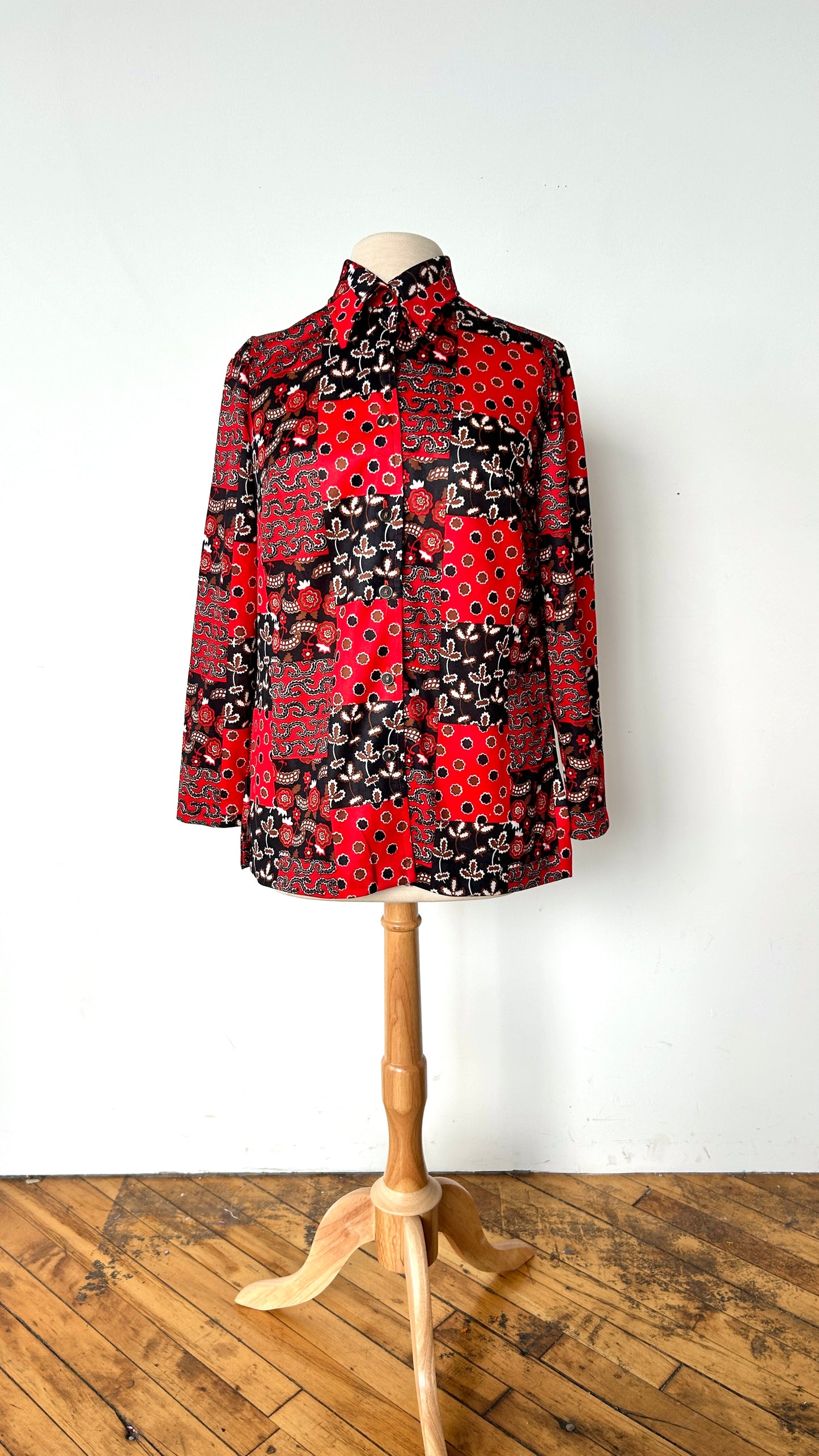 1970s red + black patchwork pattern disco shirt, sz. medium