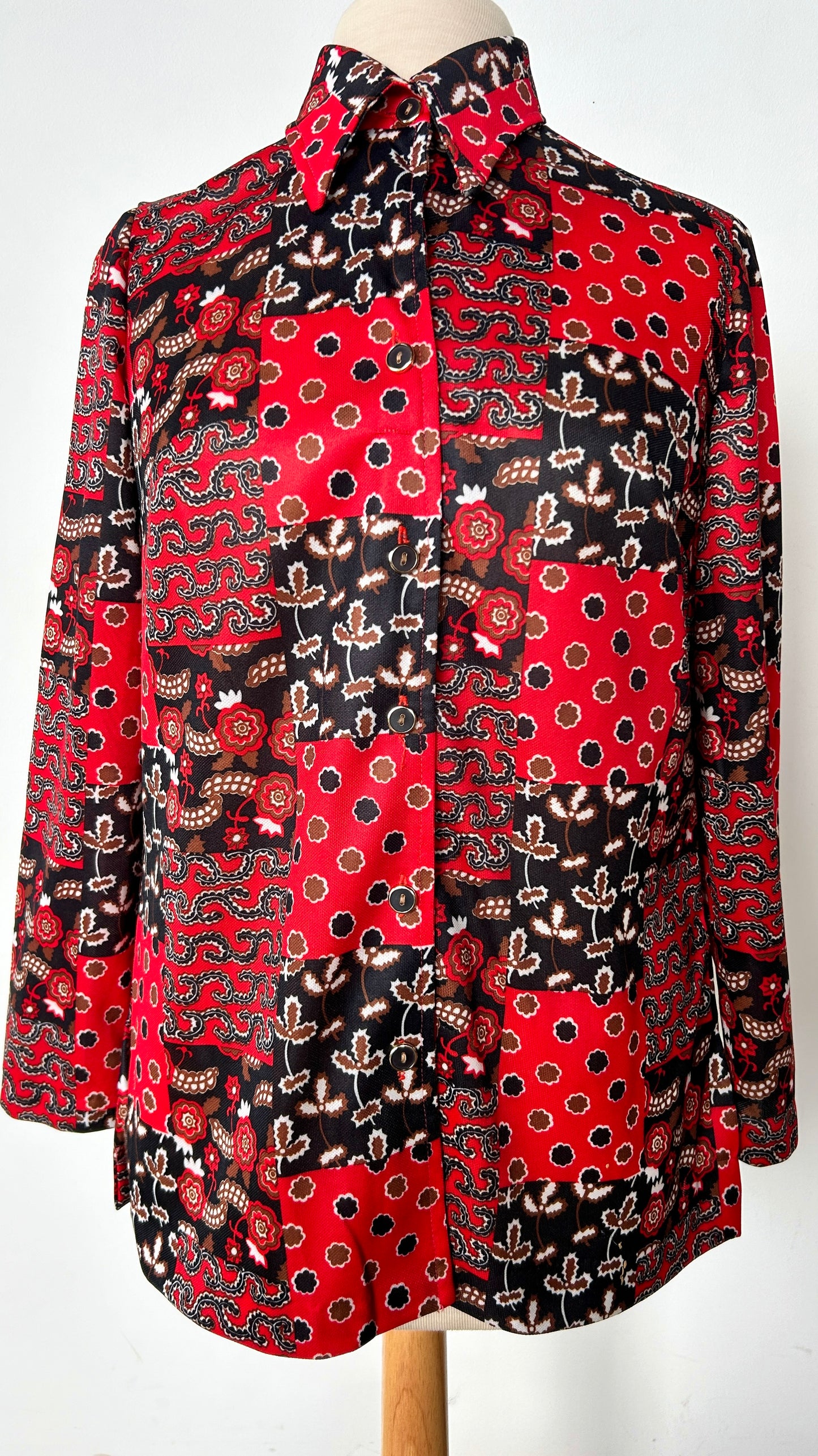 1970s red + black patchwork pattern disco shirt, sz. medium