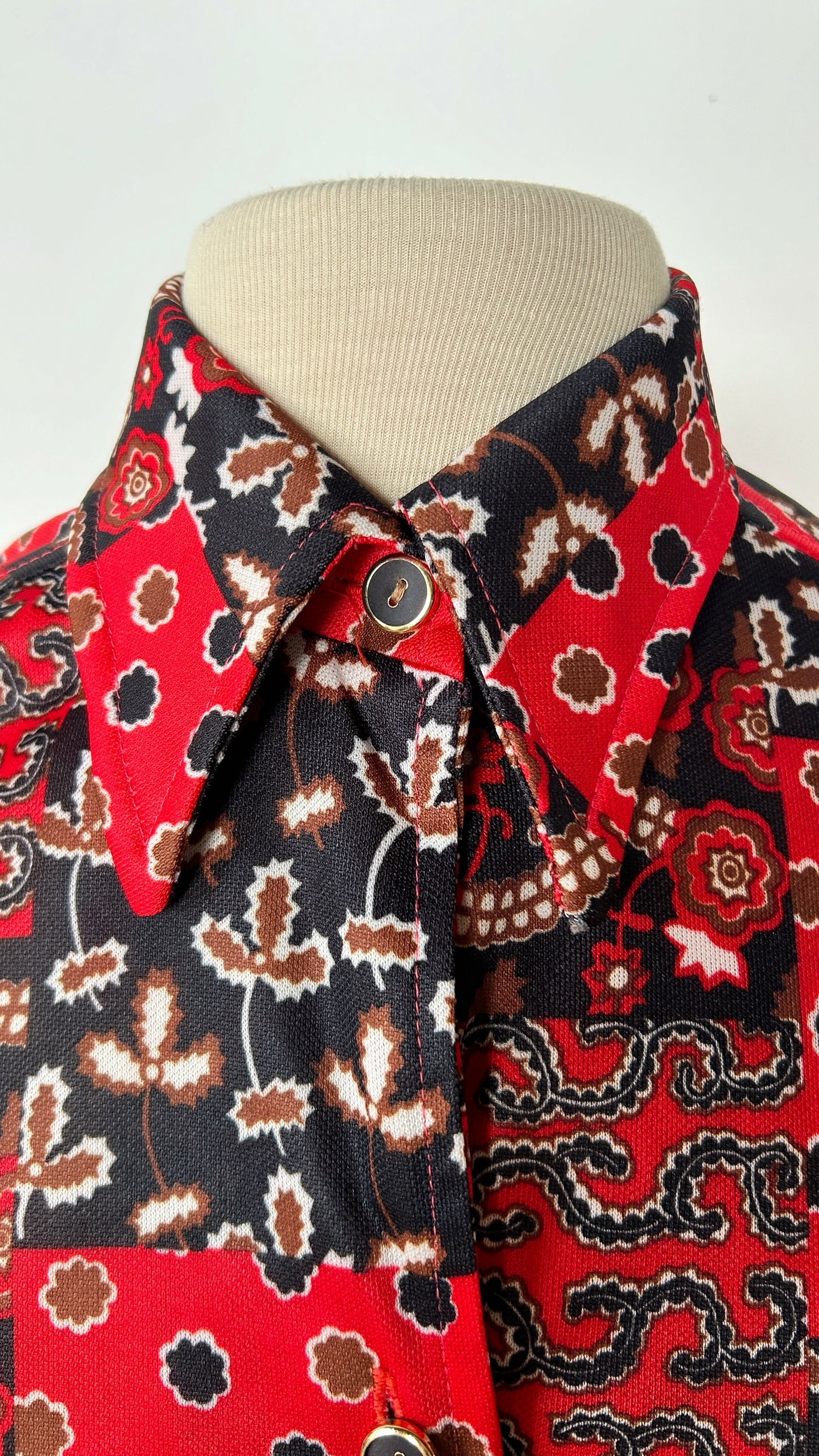 1970s red + black patchwork pattern disco shirt, sz. medium