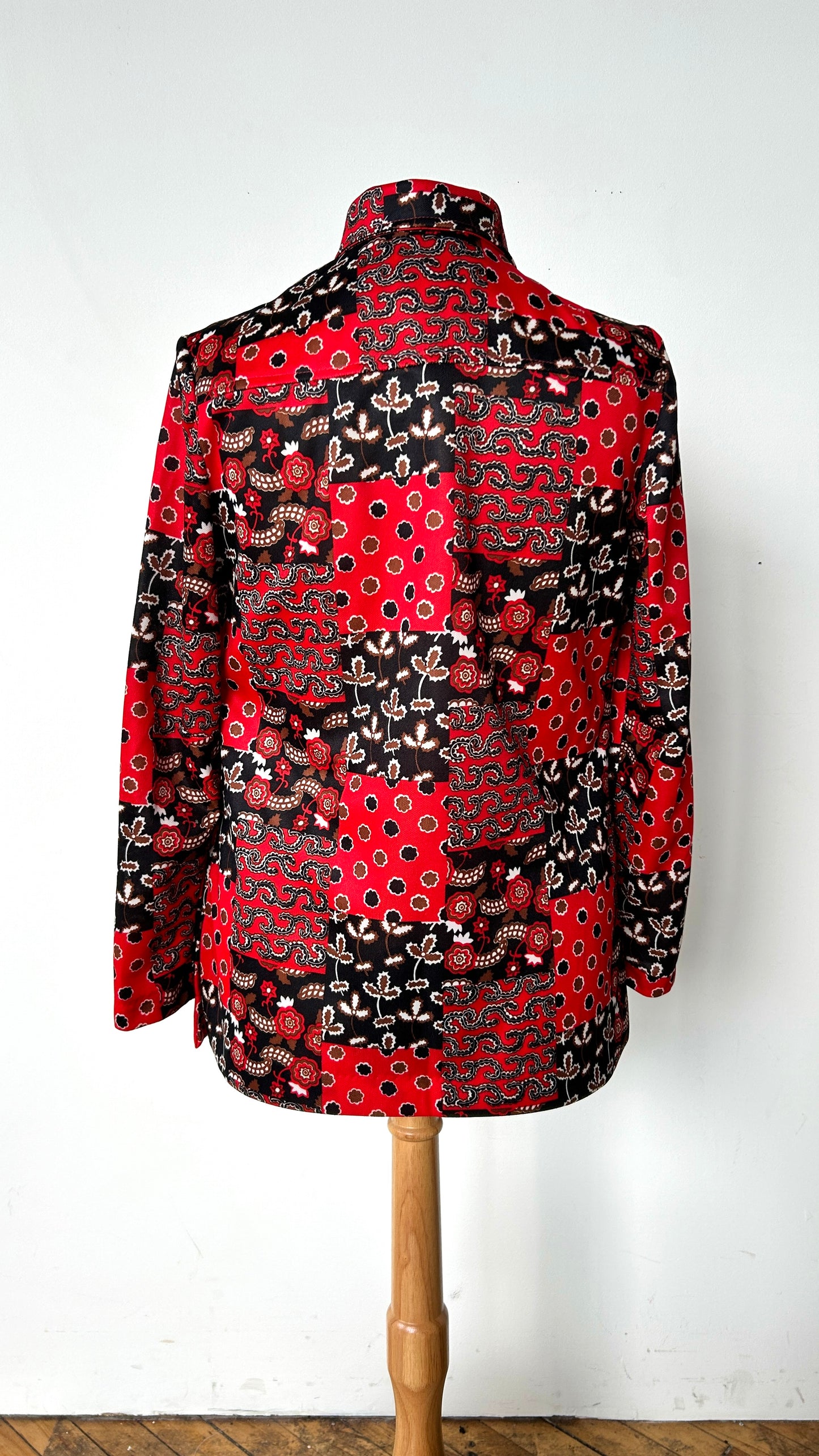 1970s red + black patchwork pattern disco shirt, sz. medium