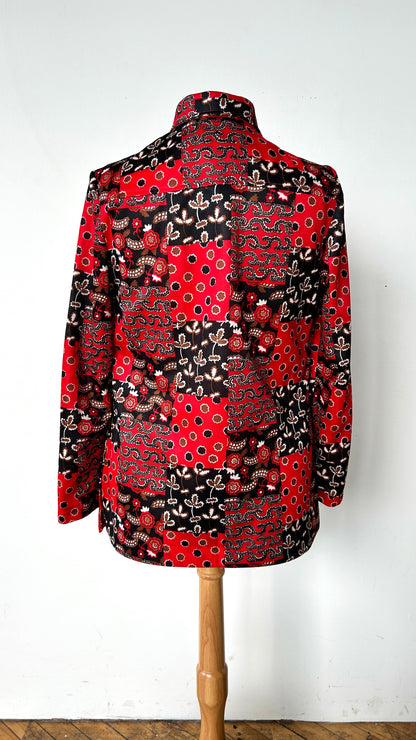 1970s red + black patchwork pattern disco shirt, sz. medium