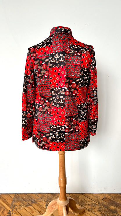 1970s red + black patchwork pattern disco shirt, sz. medium