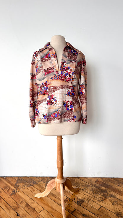 1970s tan multi-pattern disco shirt, sz. medium