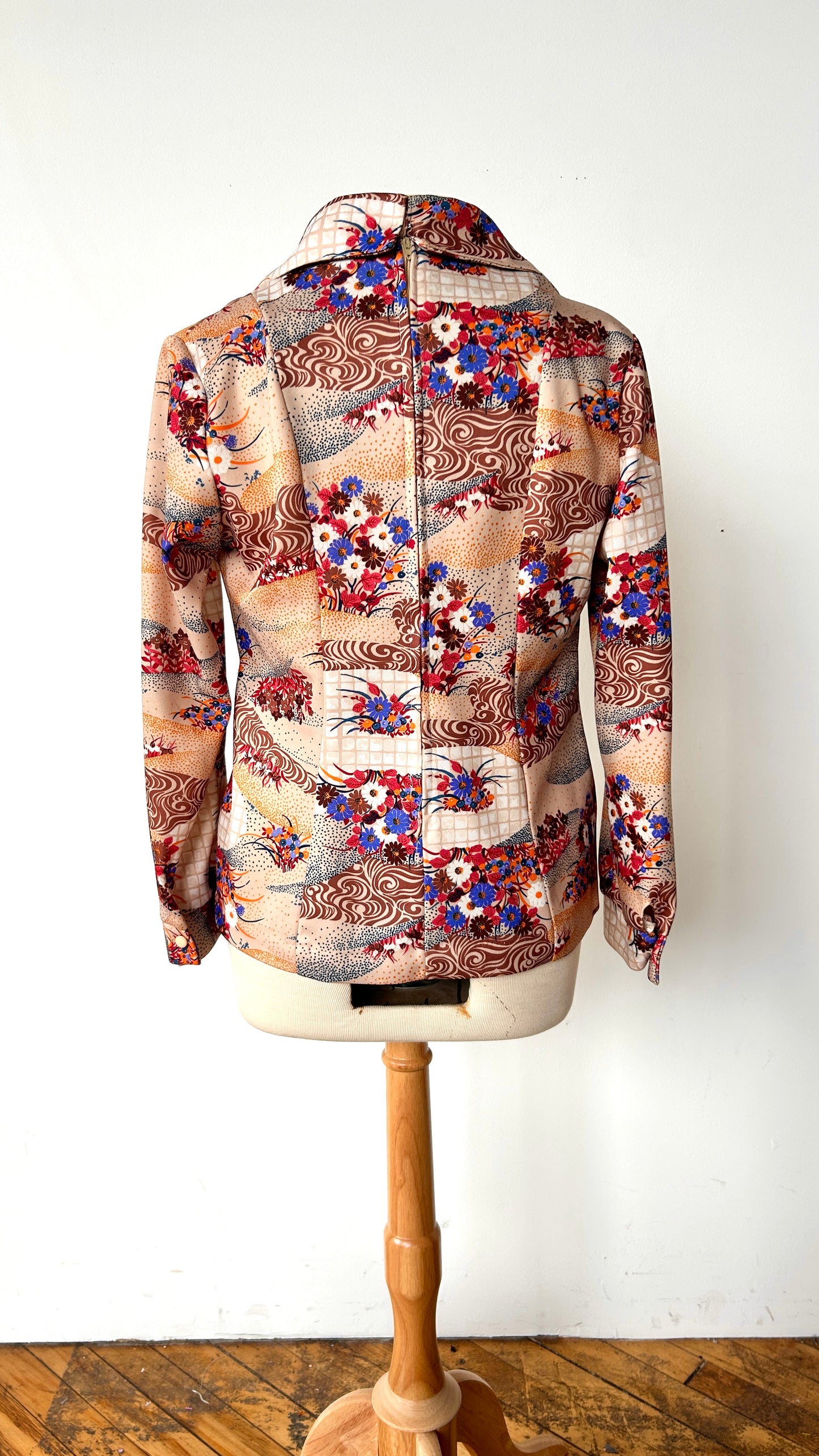 1970s tan multi-pattern disco shirt, sz. medium