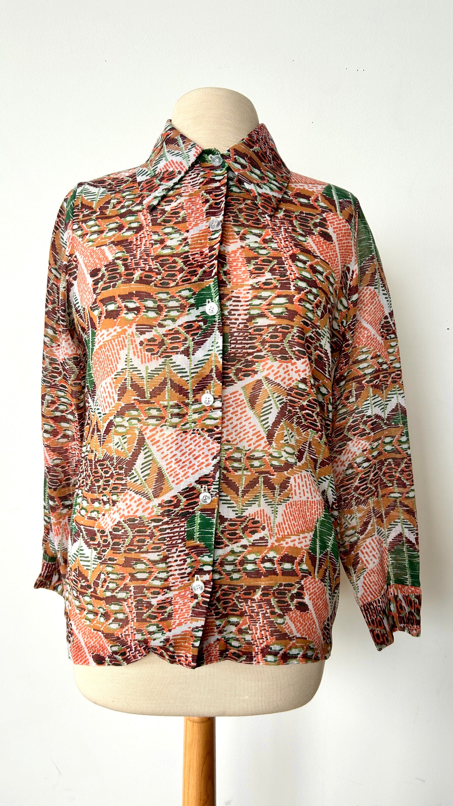 1970s sheer abstract landscape button-up disco shirt, sz. medium/large