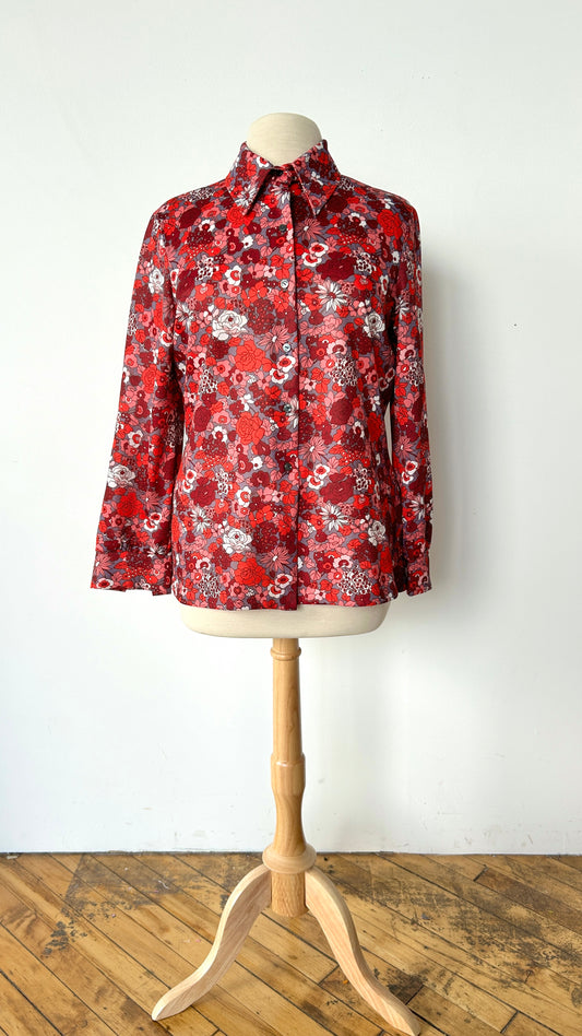 1970s red + pink floral disco shirt, sz. large/XL