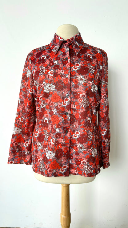 1970s red + pink floral disco shirt, sz. large/XL