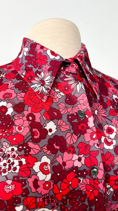 1970s red + pink floral disco shirt, sz. large/XL