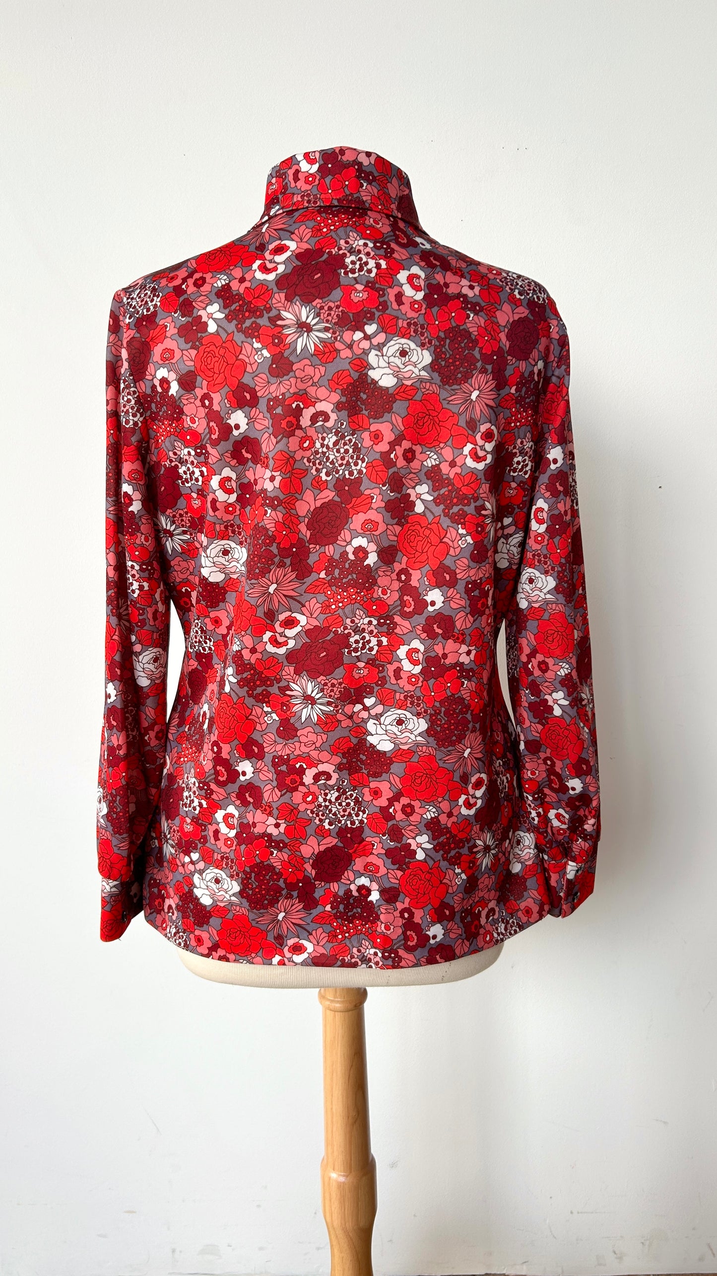 1970s red + pink floral disco shirt, sz. large/XL