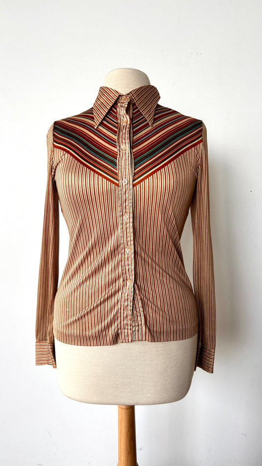 1970s tan + orange striped disco shirt, sz. small