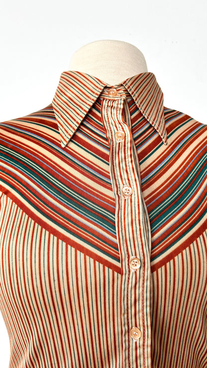 1970s tan + orange striped disco shirt, sz. small