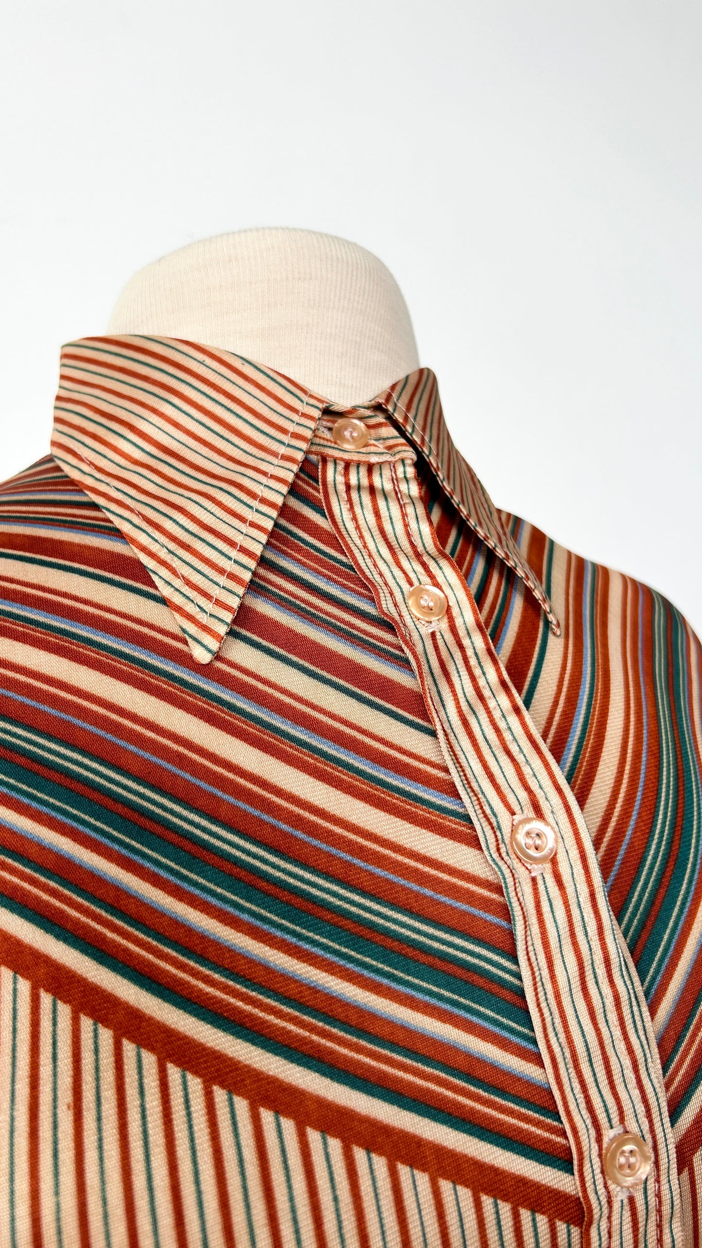 1970s tan + orange striped disco shirt, sz. small